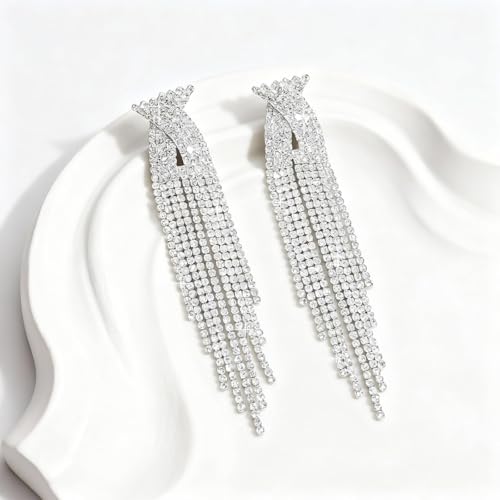 Rhinestone Earrings Prom Earrings for Women Sparkly Long Tassel Chandelier Drop Statement Earring Jewerly Gifts Wedding Party Prom Dresses Accessories - color: B1:silver