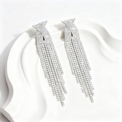 Rhinestone Earrings Prom Earrings for Women Sparkly Long Tassel Chandelier Drop Statement Earring Jewerly Gifts Wedding Party Prom Dresses Accessories - color: B1:silver