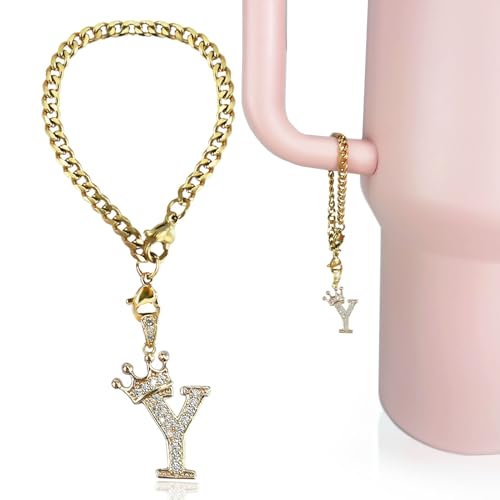 Cup Charms for Stanley Handle- Crown Letter Charms Accessories for Stanley Handle 40 Oz Tumblers Gold Initial Keychain Water Bottle Cup with Diamond Glitter Jewelry Personalized Decorations Y - color: Letter Y