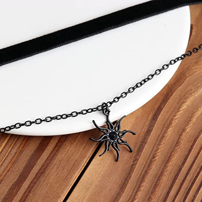 Gothic Layered Necklace, Black Velvet Choker with Dark Pendant | Soft Velvet Choker, Black Pendant, Layered Chain, Dark Academia Aesthetic, Alt Fashin Jewelry, Goth Gift for Women - style: Black Sun
