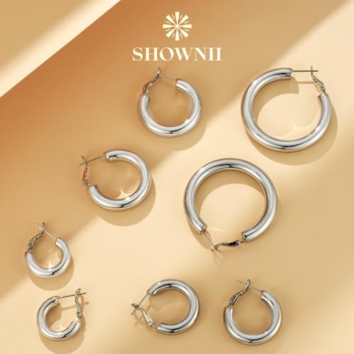 SHOWNII Chunky Gold Hoop Earrings - 14K Gold Plated Earrings for Women Hollow Tube Lightweight Thick Hoops 20/25/30/40mm Valentines Graduation Mother's Day Birthday Gifts - color: 25 Millimeters-White Gold Plated