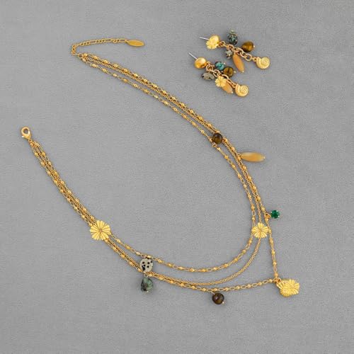 Bohemian Triple Layered Necklace fo r Women, 18K Gold Plated Brass Multi-Strand Choker with Flower Charm & Mixed Natural Stones, Dalmatian Jasper Turquoise Tiger Eye Pendant, Summer Beach Jewelry Gift