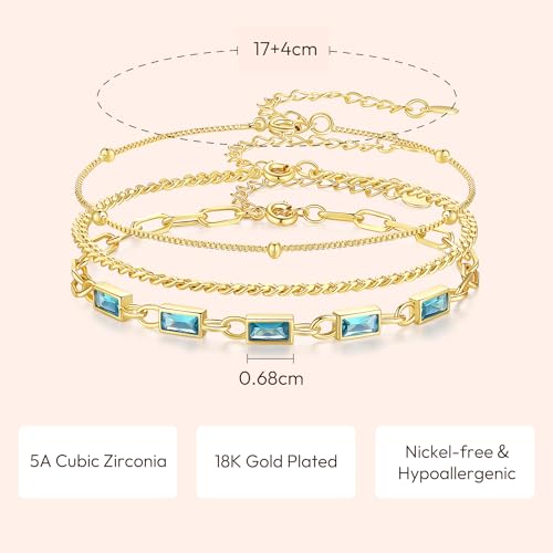Gold Birthstone Bracelet for Women, 18K Gold Plated Layered Jewelry Bracelet Set, Womens Dainty Stackable Bracelets Link Paperclip Chain Valentines Day Gift for Wife Her - color: Gold-12-Dec.
