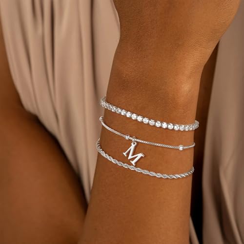Gold Bracelets for Women Girls - Dainty Gold/Silver Bracelet Stack Jewelry Set Personalized Initial Bracelets Cute Stackable Rope Box Chain Tennis Bracelets Gifts for Women Teen Girl Gifts - color: K-Silver