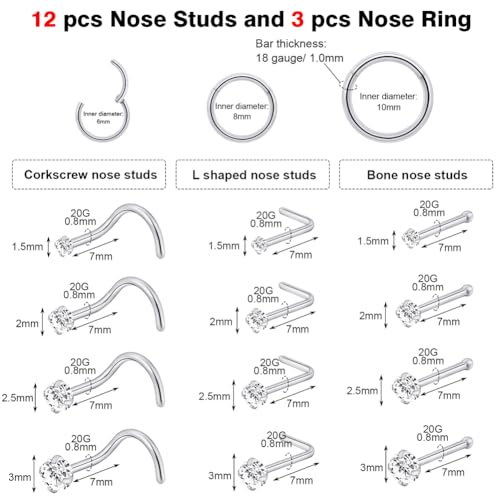 Stainless Steel 20G 18G Nose Rings Hoop and Nose Studs Sets Piercings Jewelry for Women and Men Hinged Clicker Segment Nose Rings Hoop Helix Cartilage Daith Tragus Sleeper Earrings