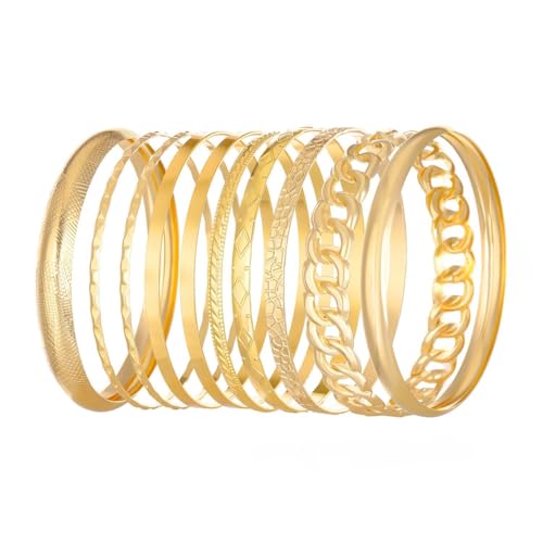 Gold Bangle Bracelets for Women, 14k Gold Plated Multi Layer Textured Stackable Open Bracelet Set Boho Indian Bangles Stackable Set Trendy Elegance Charms Non Tarnish Minimalist Bangle Pack - style: Gold 10Pcs