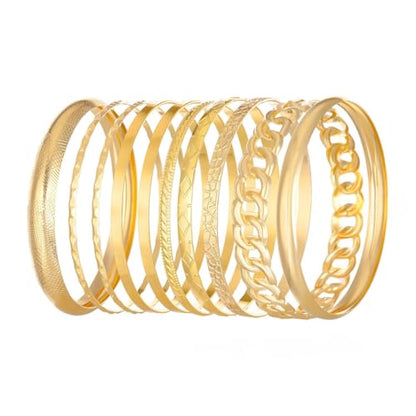 Gold Bangle Bracelets for Women, 14k Gold Plated Multi Layer Textured Stackable Open Bracelet Set Boho Indian Bangles Stackable Set Trendy Elegance Charms Non Tarnish Minimalist Bangle Pack - style: Gold 10Pcs