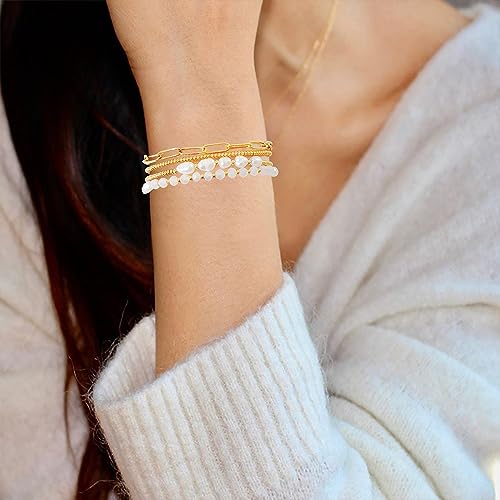Dainty Gold Plated Pearl Crystal Beaded Bracelets Set for Women 14K Gold Plated Bead Pearl Beads Bracelet Stackable Paperclip Link Chain Bracelets Gold Plated Bracelets for Women Trendy Jewelry - color: Style2-crystal(18k gold plated)