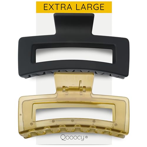 XXL Jumbo Rectangle Claw Clips for Thick Hair - Strong Hold Hair Clips | Rectangle Design | Matte Finish | Non Slip | Wide Opening | 2 Pack (Black & Jelly Green) - color: Black & Jelly Green