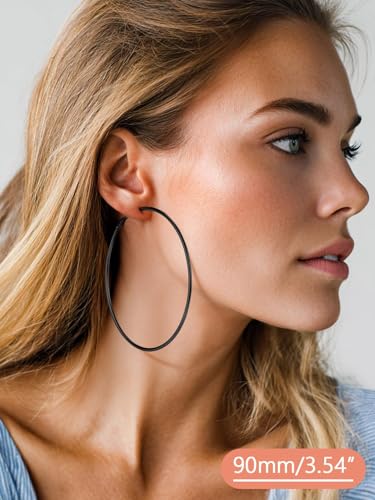 FaithHeart Silver/Black/Gold Stainless Steel Thin Hoop Earrings for Women | 2mm Wide Thin Large Hoop Earrings, Hypoallergenic Lightweight Trendy Jewelry, 20/30/40/50/60/70/80/90/100mm - color: Black, size: 90mm/3.54"