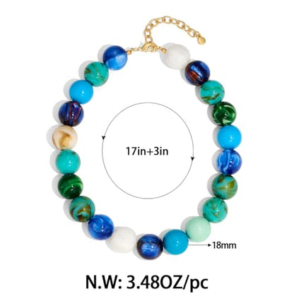Chunky Beaded Choker Necklace for Women Boho Statement Necklace with Large Pearl Blue Brown Tone Resin Beads Summer Beach Jewelry Gifts - color: Blue