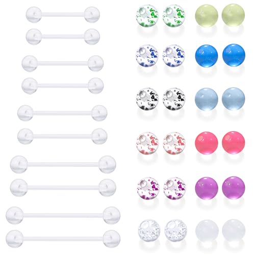 6mm-38mm 14G 16G Clear Plastic Nipple Tongue Ring Industrial Earrings for Surgery Pregnancy Belly Button Ring Bioflex Flexible Acrylic Straight Barbells Piercing Jewelry Retainer for Work Sport - color: 16G Bar Length 8mm-16mm-Mix Color Balls