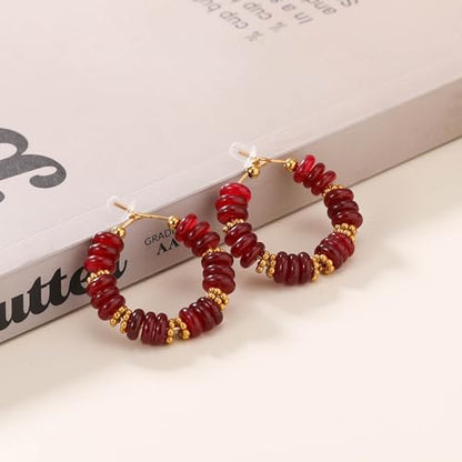 Wellike Beaded Hoop Earrings for Women Natural Stone Pink Gold Huggie Earrings Hypoallergenic Dainty Waterproof Trendy Jewelry - color: Burgundy, size: 30mm