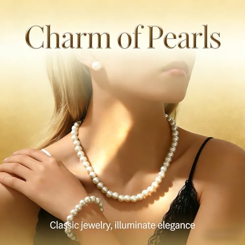 8mm Elegant Pearl Jewelry Set with Gold Chain, Classic White Faux Pearl Necklace, Bracelet and Stud Earrings, 3 Piece Wedding Formal Set