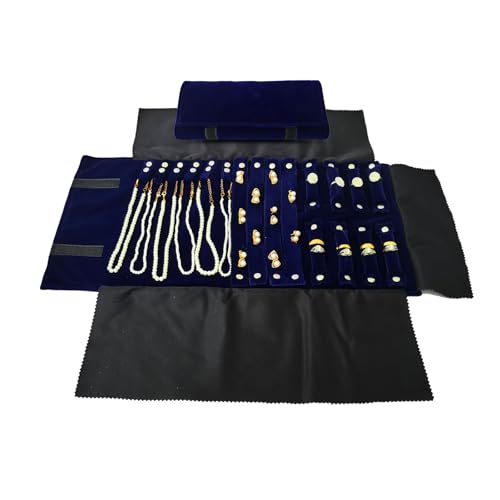 Travel Roll Bag Jewelry Display Storage Organizer Multi-function Velvet Pouch (Blue) - color: Blue