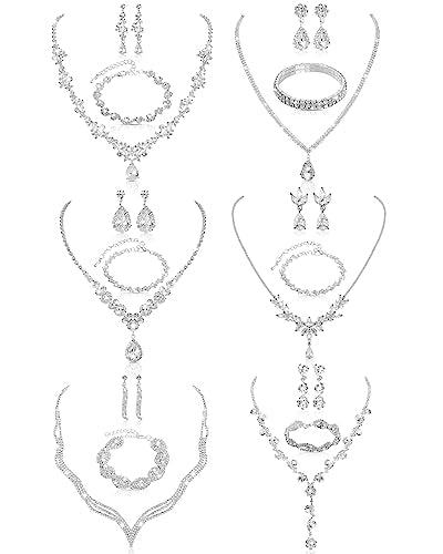 Jexine 6 Sets Silver Jewelry Set for Women Wedding Silver Crystal Rhinestone Necklace Earrings Bracelet for Bride Bridal Bridesmaid - style: Elegant Style