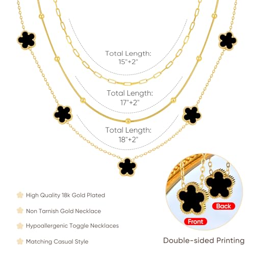 MPRAINBOW Gold Layered Necklace for Women - 3Pcs 18K Gold Plated Floral Necklaces, Stainless Steel Stackable Cuban Link Chain Non Tarnish Trendy Jewelry, Herringbone Chains Christmas Birthday Gifts - color: Black 01