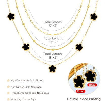 MPRAINBOW Gold Layered Necklace for Women - 3Pcs 18K Gold Plated Floral Necklaces, Stainless Steel Stackable Cuban Link Chain Non Tarnish Trendy Jewelry, Herringbone Chains Christmas Birthday Gifts - color: Black 01