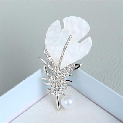 Rhinestone Feather Leaf Brooch Pin for Men Women Gold Silver Plated Elegant Delicate Leaves Hat Bag Suit Tie Crystal Pearl Lapel Brooches for Mother's Day Birthday Wedding Fashion Jewelry Gifts - color: Silver