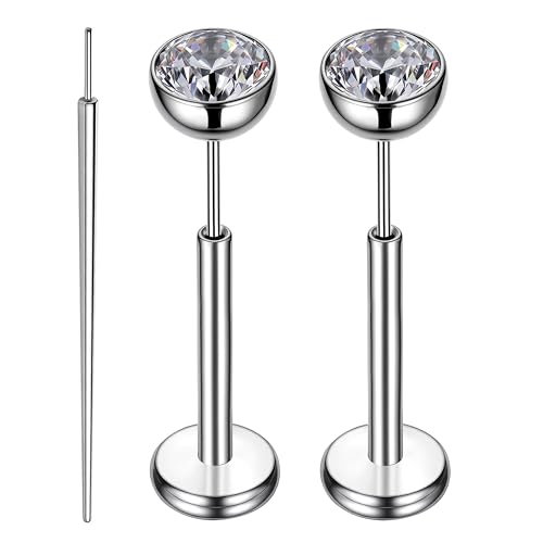 Gotumo 16G 18G 20G Flat Back Earrings Stud Titanium Threadless Nose Rings Tragus Labret Cartilage Lip Medusa Conch Body Piercing Jewelry Hypoallergenic for Women Men - color: Silver, size: 16G Bar Lengths 8mm & CZ 4mm