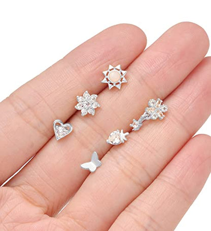Akeoqi 12Pcs Nose Rings Stud L Shape Nose Rings Cubic Zirconia Butterfly Flower Eye Moon Crown Heart Lightning Shape Nose Studs Piercing Jewelry for Women Men Silver Gold Plated 20G - style: E:Snake&Silver