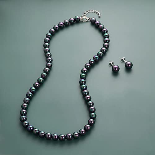 8mm 10mm Faux Pearl Necklace Earrings Set for Women White Black Round Glass Pearl Wedding Jewelry Gifts - color: Black Pearl-Ear Stud Set, size: 8mm