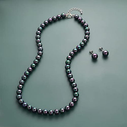 8mm 10mm Faux Pearl Necklace Earrings Set for Women White Black Round Glass Pearl Wedding Jewelry Gifts - color: Black Pearl-Ear Stud Set, size: 8mm