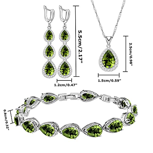 LMXXVJ Necklace Long Earrings Bracelet Set, White Gold Plated Created Blue Sapphire Jewelry Set Wedding Party Gift Jewelry for Women Bridal Bridesmaid - color: Olive Green