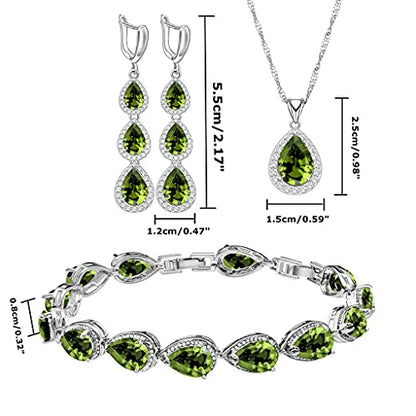LMXXVJ Necklace Long Earrings Bracelet Set, White Gold Plated Created Blue Sapphire Jewelry Set Wedding Party Gift Jewelry for Women Bridal Bridesmaid - color: Olive Green
