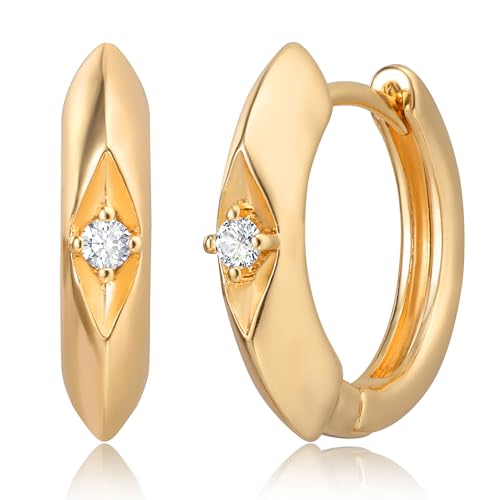 DREMMY STUDIOS Gold Dainty Huggie Hoop Earrings 18K Gold Plated Exquisite Open Tassel Dangle Charm Drop Sleeper Geometric Cross Coin Star Heart White CZ Simple Hypoallergenic Earrings for Women - color: Simple Hoop