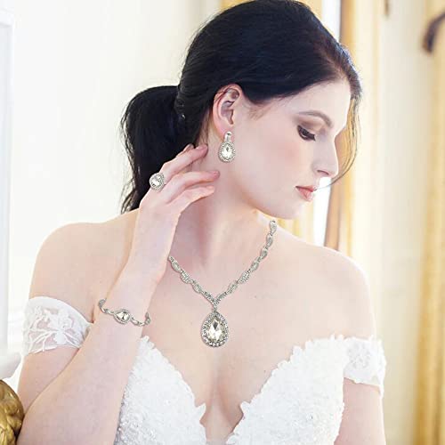 Womens Africa 18k Gold Plated Jewelry Set Crystal Rhinestones Petals Teardrop Cluster Bib Statement Necklace Link Bracelet Dangle Earrings Ring for Prom - color: 01-Clear Silver-Tone