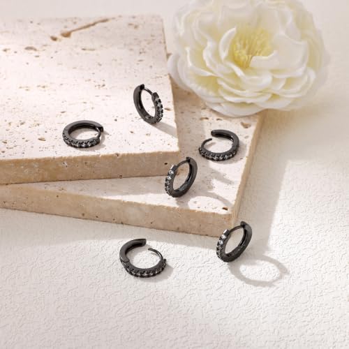 micuco 3 Pairs Small Hoop Earrings Tiny Cartilage Earrings for Women Men | Cubic Zirconia Earrings Huggie Hoop Ear Piercing Earrings for 8mm 10mm 12mm - color: 9# Black 10-10-10mm