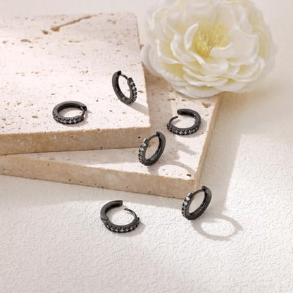 micuco 3 Pairs Small Hoop Earrings Tiny Cartilage Earrings for Women Men | Cubic Zirconia Earrings Huggie Hoop Ear Piercing Earrings for 8mm 10mm 12mm - color: 9# Black 10-10-10mm