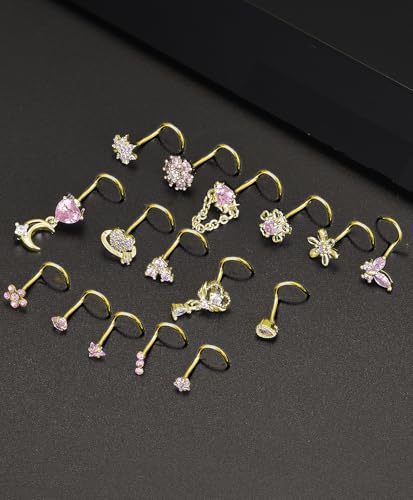 Tornito 16Pcs Nose Rings L Shaped Nose Stud Stainless Steel Butterfly Flower Leaf Heart Moon Dangle Nose Stud Ring Body Piercing Jewelry for Women Men 20G Pink Blue Clear CZ - color: F: Gold