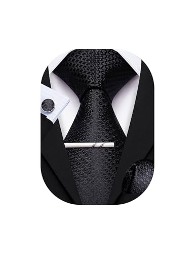 YOHOWA Men Plaid/Striped Ties Clip Set Silk Necktie Pocket Square Cufflinks | Woven Classic,Formal/Casual Mens Tie,Pocket Square Cufflinks Set,Luxury,Business,Wedding,Party,Prom,Graduation - color: Black B