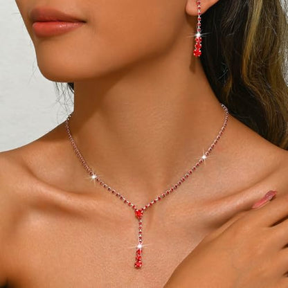 Bride Silver Bridal Necklace Earrings Set Crystal Wedding Jewelry Set Rhinestone Choker Necklace for Women and Brides - color: G Red