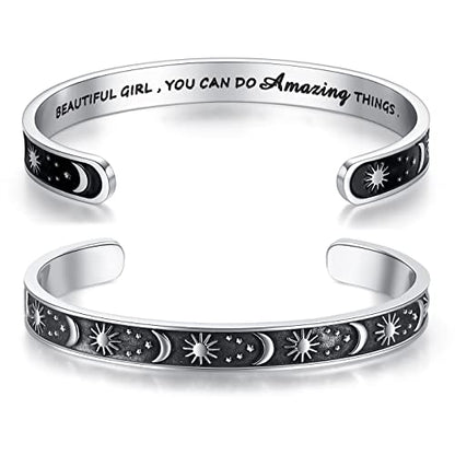 TONY & SANDY Inspirational Bracelets for Women Teen Girls Personalized Gifts for Daughter Granddaughter Mom Sister Friends Stainless Steel Engraved Cuff Birthday Easter Christmas - style: A - Sun & Moon - Beautiful you can do amazing things