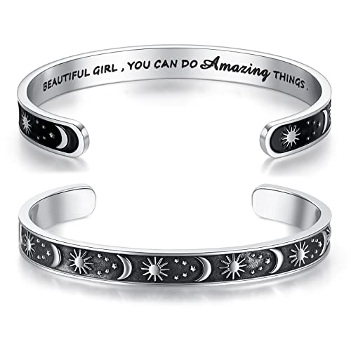TONY & SANDY Inspirational Bracelets for Women Teen Girls Personalized Gifts for Daughter Granddaughter Mom Sister Friends Stainless Steel Engraved Cuff Birthday Easter Christmas - style: A - Sun & Moon - Beautiful you can do amazing things
