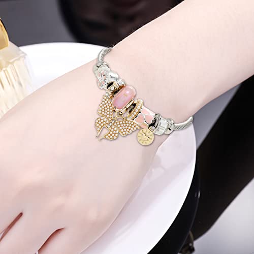 DS Charm Bracelets for girls,exquisite cute cartoon friendship bracelets Silver Stainless Steel Bangle with birthday Gift box, Adjustable girls jewelry Suitable for holiday gifts - style: Silver-pink butterfly2