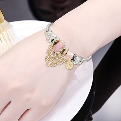 DS Charm Bracelets for girls,exquisite cute cartoon friendship bracelets Silver Stainless Steel Bangle with birthday Gift box, Adjustable girls jewelry Suitable for holiday gifts - style: Silver-pink butterfly2