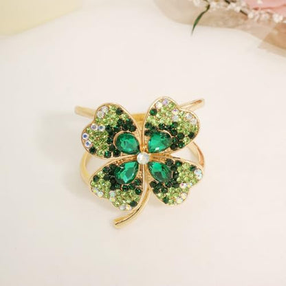 Rhinestone Green Four Leaf Clover Silk Scarf Ring Clip for Women Gold-Tone Dainty Crystal Flower Scarf Slide Buckle Holder Clasp Lucky Decor Dress Accessories St Patrick's Day Holiday Jewelry