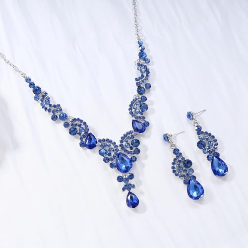 EVER FAITH Rhinestone Crystal Bridal Floral Wave Teardrop Necklace Earrings Set - color: 2pcs_Light Blue