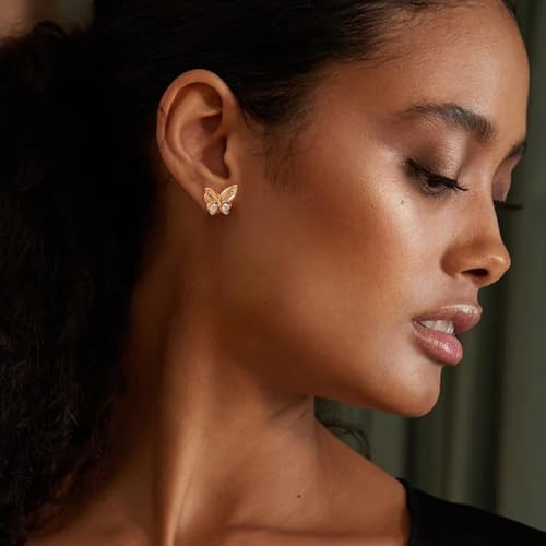 LOYATA Spike Earrings Gold Huggie Hoop Diamond Cubic Zirconia 14K Gold Plated Dainty Small Simple Hypoallergenic Geometric Jewelry Gift for Women - color: CZ Butterfly