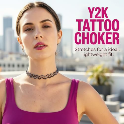 PAGOW Tattoo Choker Set, Stretchy 90s Choker Necklace, Adjustable Retro Y2K Gothic Grunge Chokers Jewelry Accessories - color: Black,12Pcs