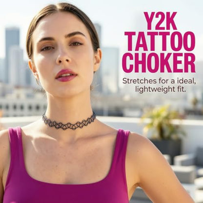 PAGOW Tattoo Choker Set, Stretchy 90s Choker Necklace, Adjustable Retro Y2K Gothic Grunge Chokers Jewelry Accessories - color: Black,12Pcs