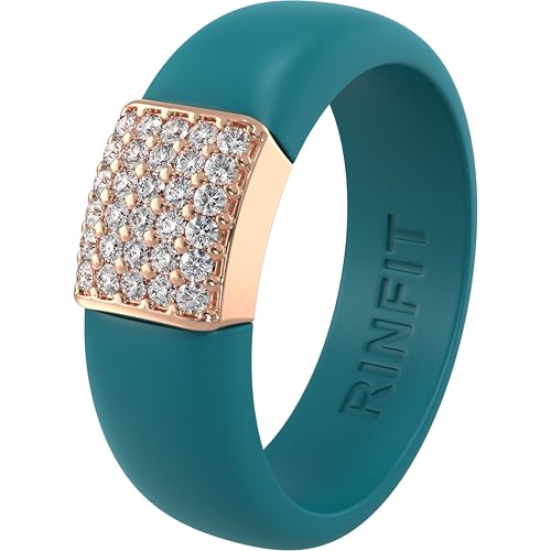 Rinfit Silicone Ring with Metal Plate & CZ for Women | AAAAA Grade Cubic Zirconia Stones, Flexible Rubber Wedding Band, Comfortable Fit, Engagement Ring for Her, Patented Design - color: Pack D: Ocean and Rose Gold