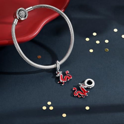 Hapour 925 Sterling Silver Charms for Bracelet Necklace Dangle Pendant Bead | Bear Charm, Elephant Zebra Cat Dream catcher Family Birthday European Jewelry Charm, For Women Mom - color: Red Dragon
