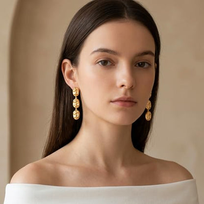 Gold Dangle Earrings for Women,Chunky 14K Gold Plated Drop Dangle Stud Earrings Long Statement Hammered Earring Hypoallergenic Jewelry for Women Gifts - style: Round Hammered-GD