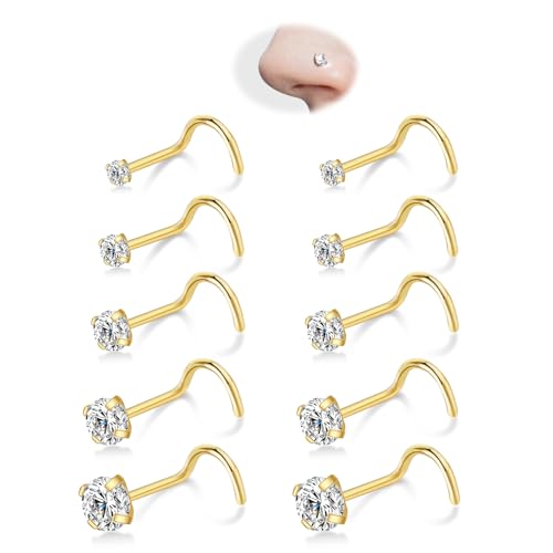 Nose Rings Studs - 5 Pairs 20G Gold/Silver Nose Screw Rings for Women Men 316L Surgical Stainless Steel Hypoallergenic Corkscrew Nose Studs 1.5mm 2mm 2.5mm 3mm 4mm Clear CZ Piercing Jewelry - color: Gold 1.5mm/2mm/2.5mm/3mm/4mm