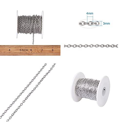 PandaHall 32.8 Feet Stainless Steel Cable Cross Chains with Spool 4x3x0.8mm Unwelded Oval Link Necklace Bracelet Pendant Jewelry Making Chains for DIY Crafts
